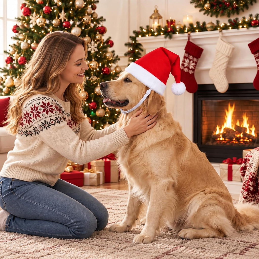 Yuanchu Dog Santa Hat, Large Dog Christmas Hat with White Pompom