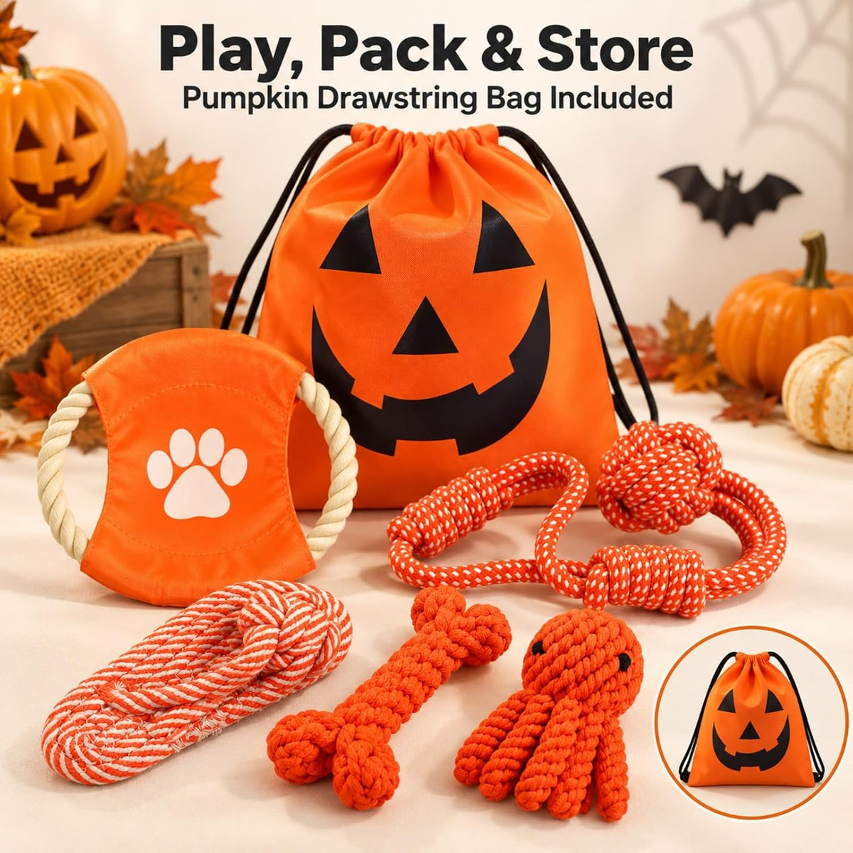Halloween Rope Dog Toys 5-Piece Set with Pumpkin Ghost Bag