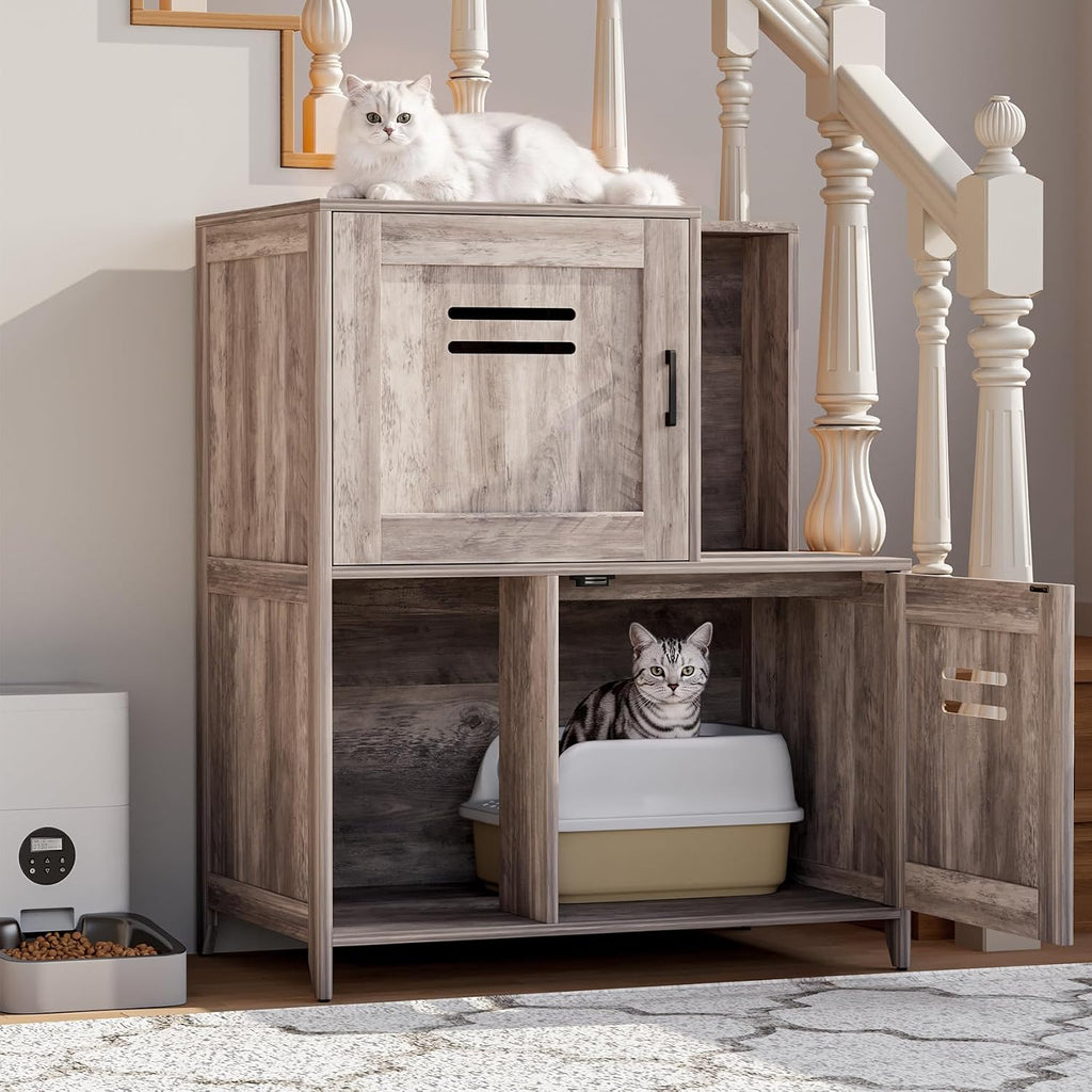 Wooden Cat Litter Box Enclosure Furniture, Double‑Tier Hidden Cat Litter Cabinet with Sisal Hanging Ball & Ventilation H