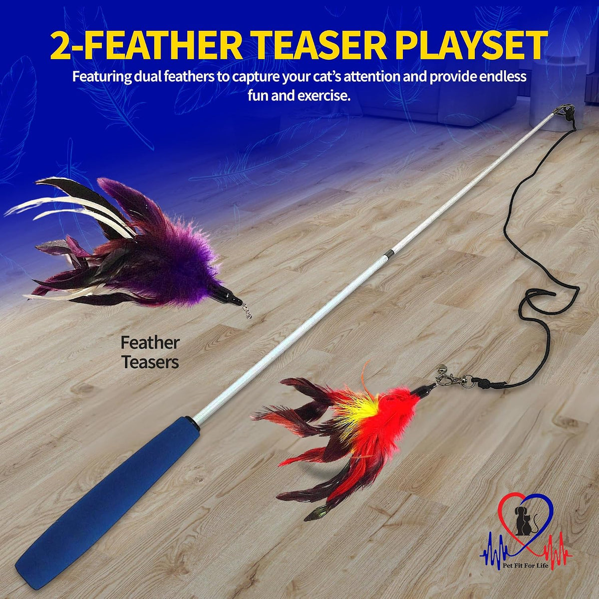 Pet Fit For Life Cat Feather Interactive Wand Toy Set, Red & Purple - 2pack