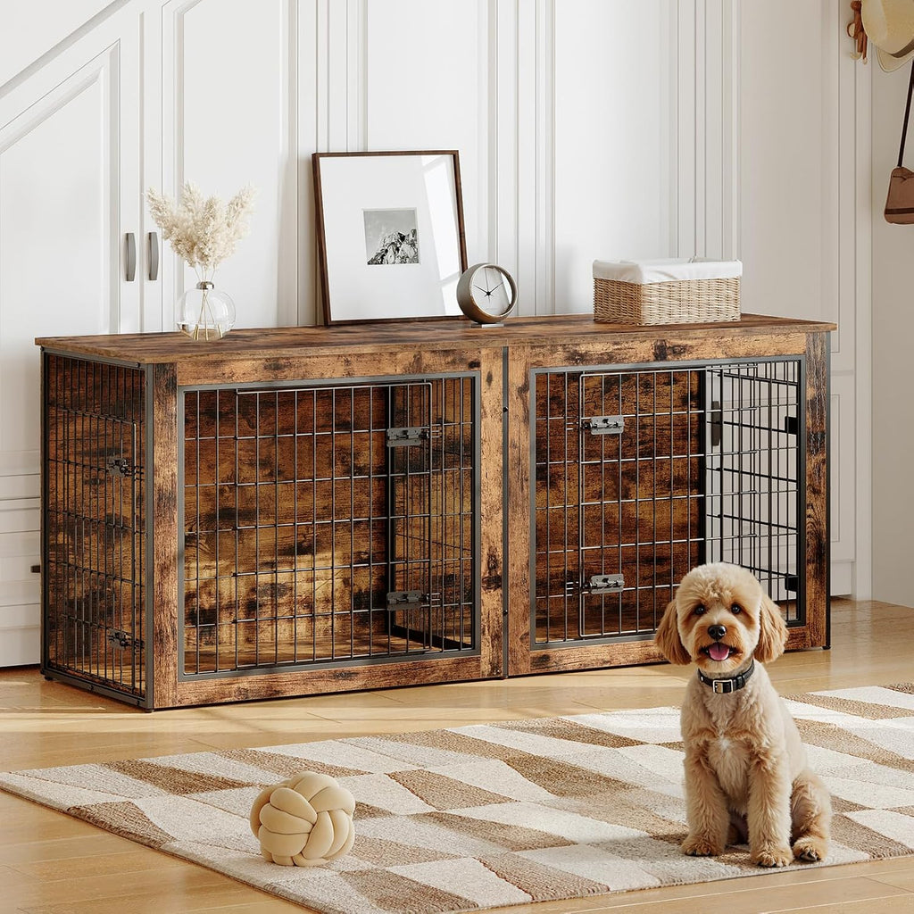 HOOBRO Dog Crate Furniture for 2 Dogs, 63" Large Double Dog Crate Furniture with Divider, Wooden Indoor Kennel TV Stand 