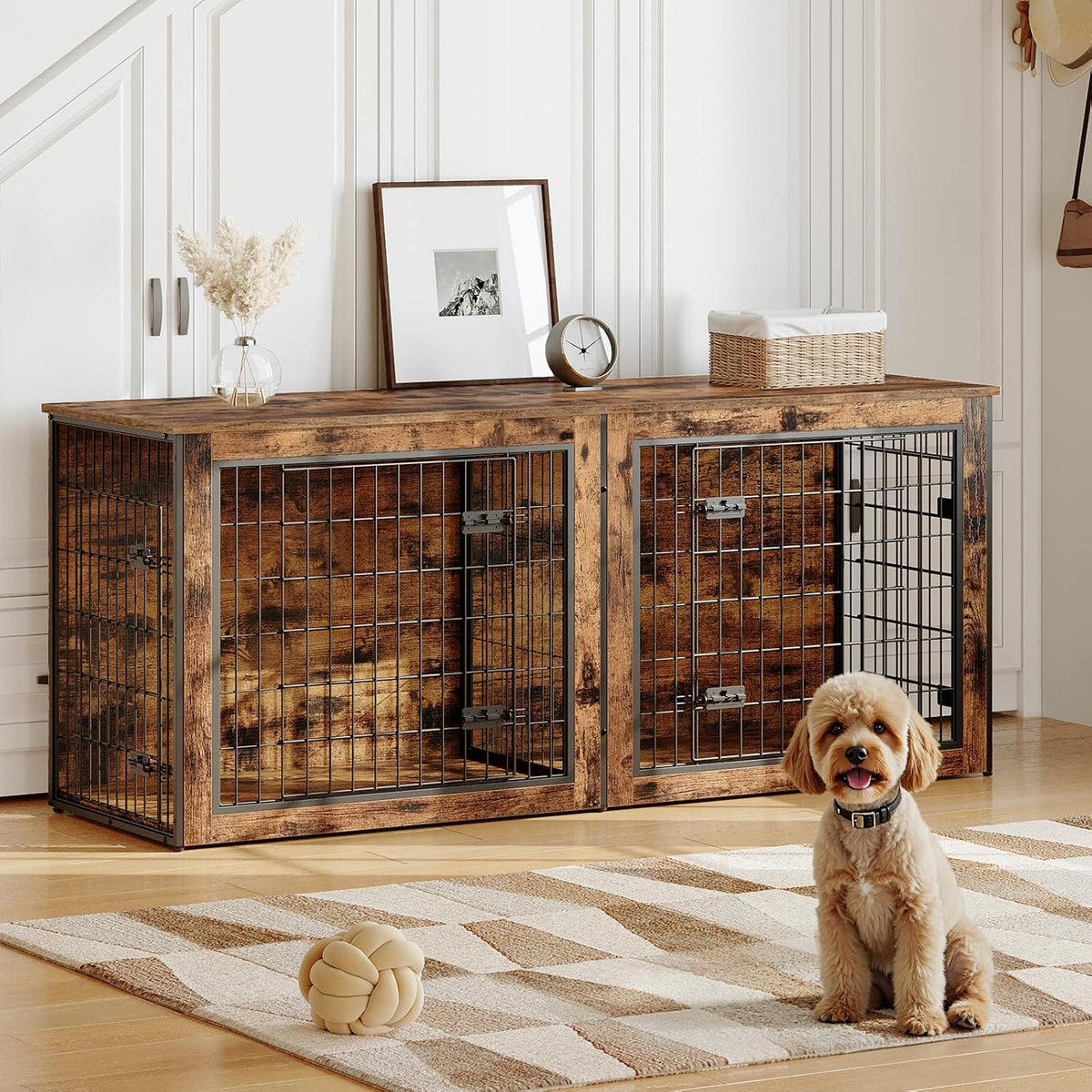HOOBRO Dog Crate Furniture for 2 Dogs, 63" Large Double Dog Crate Furniture with Divider, Wooden Indoor Kennel TV Stand 