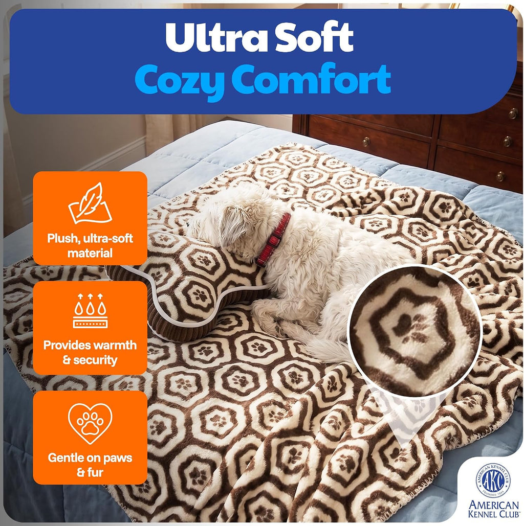American Kennel Club 60''x50'' Pet Blanket & 10'' Pillow Set, Warm Plush Blanket for Dogs & Cats - Paw Print - Brown