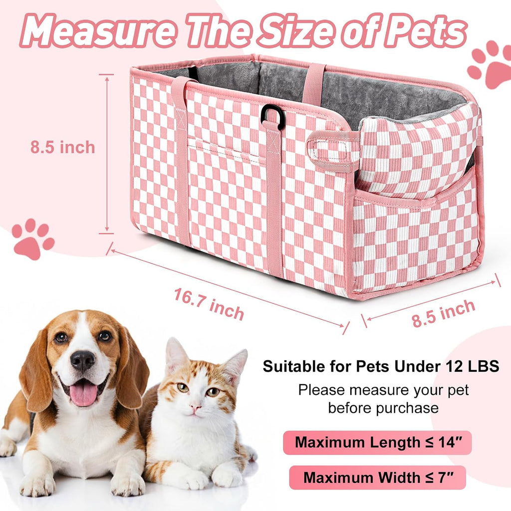 Console Dog Car Seat for Small Dogs, Foldable Booster Seat, Pink Checkered