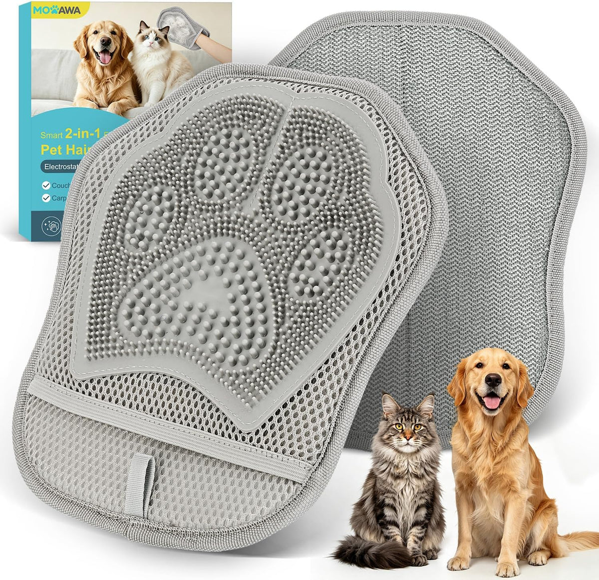 Pet Hair Remover Glove for Dogs & Cats, 2-in-1 Electrostatic Silicone Tips