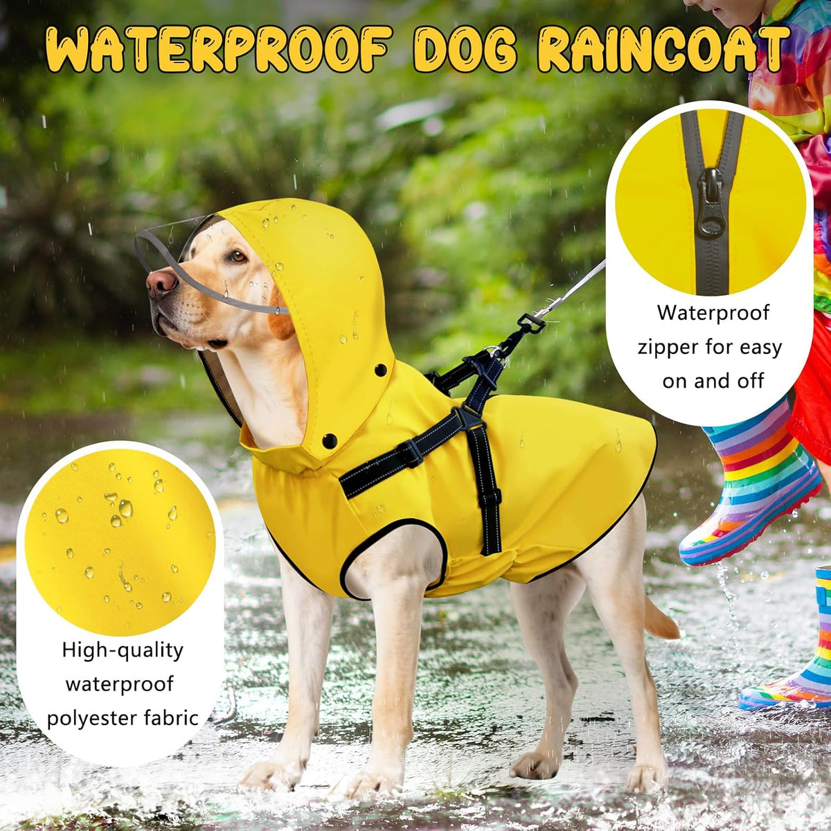 Dog Raincoat: Dog Rain Jacket with Reflective Harness & Removable Hood | Waterproof Dogs Rain Coat Poncho for Large Medi