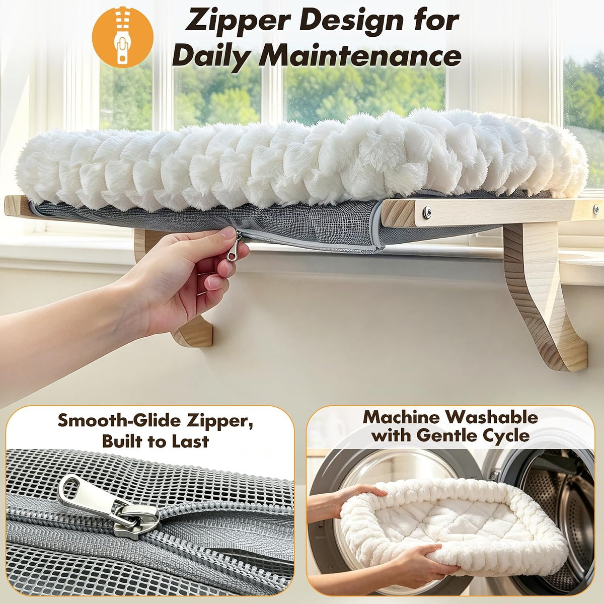 Cloud-soft Wooden Cat Window Sill Perch with Zipper Cushion,L White