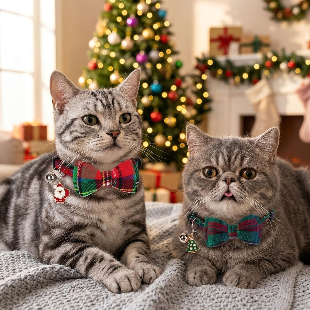 Christmas Cat Collar Breakaway, Plaid Xmas Cat Bow Tie Collar