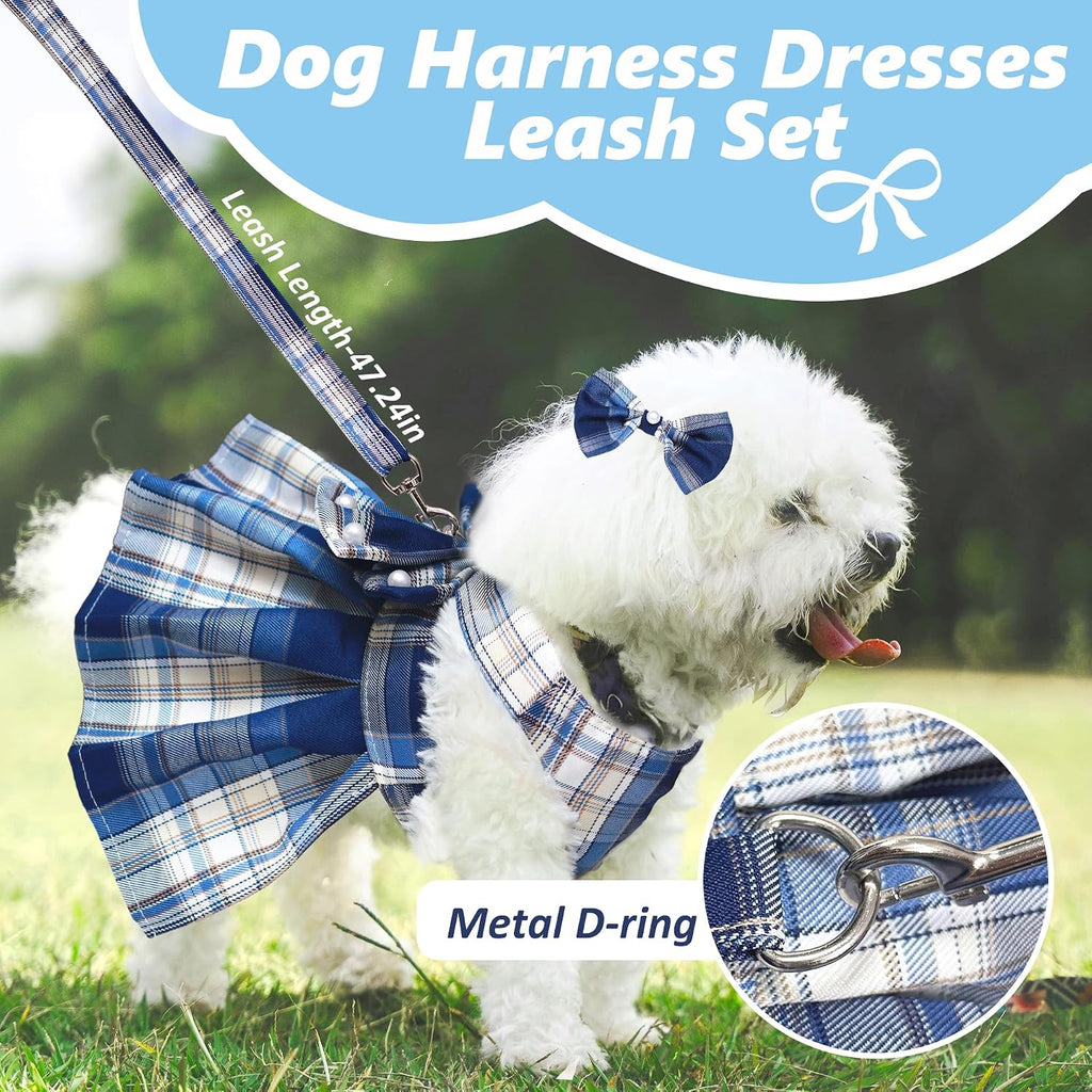 Dog Dress Bowknot Harness Leash Set for Small Dogs Girl Cute Plaid Dog Dress Pearls Bow Tie Spring Summer Princess Cloth