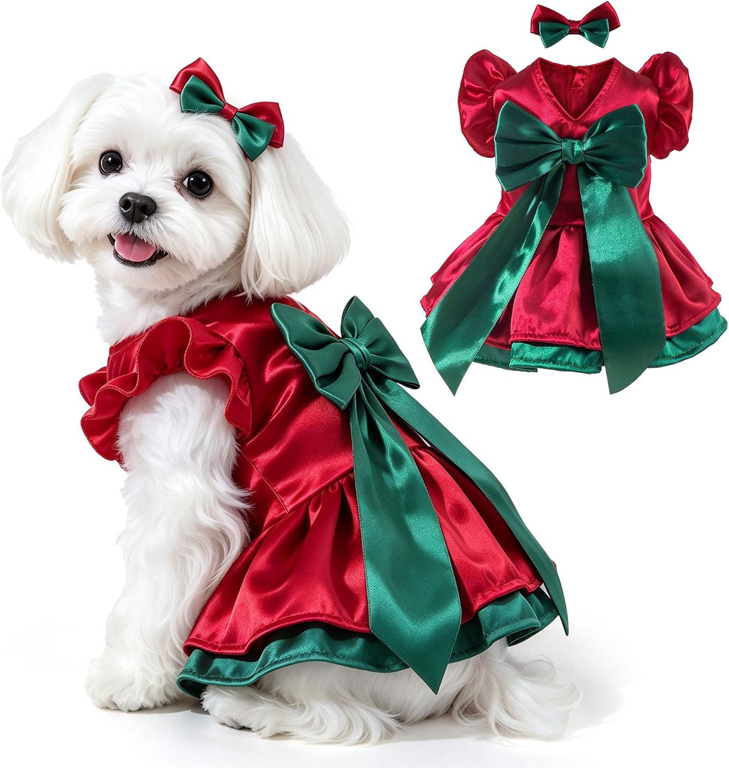Plaid Small Dog Cat Christmas Dress Outfits with Bow & Leash D-Ring,Soft Breathable Cute Ruffle Xmas Puppy Clothes Girl,