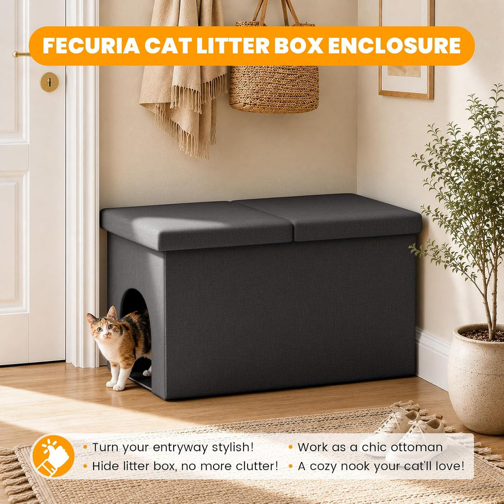 3-in-1 Cat Litter Box Enclosure Furniture, Dark Grey