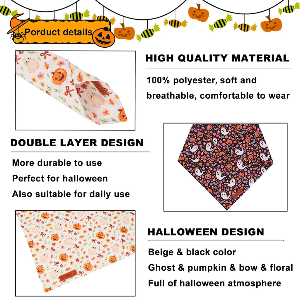 Halloween Floral Dog Bandanas, Ghost Pumpkin Fall Dog Scarf, L