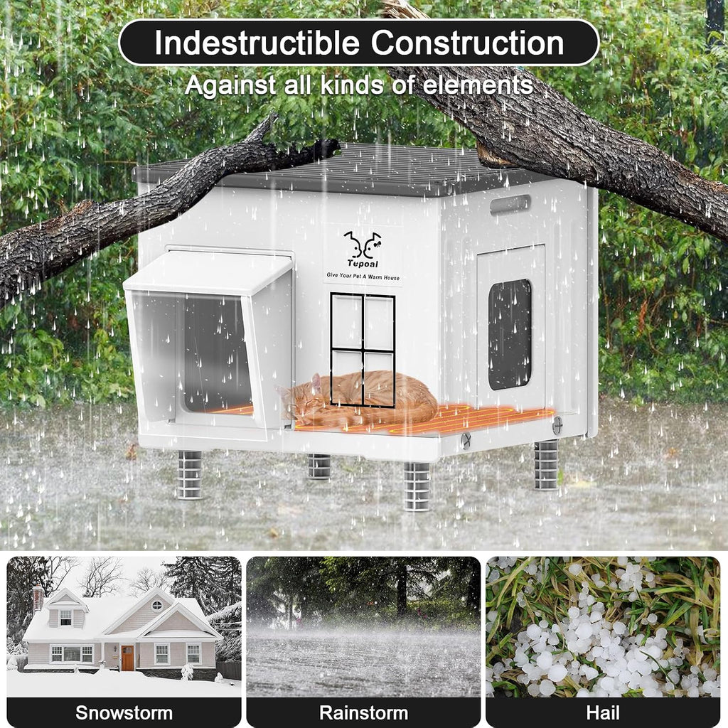 Heated Cat House for Outside, High Insulated Heated Outdoor Cat Shelter 100% Weatherproof with Escape Door, Elevated Out
