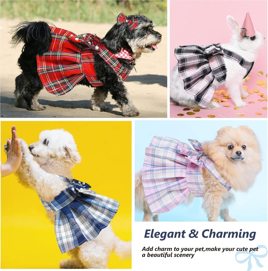Dog Dress Bowknot Harness Leash Set for Small Dogs Girl Cute Plaid Dog Dress Pearls Bow Tie Spring Summer Princess Cloth