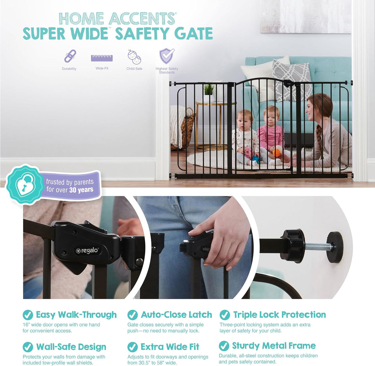 Regalo Safety 30.5"-58" Extra Wide Baby Gate, Bottom of Stairs & Doorways