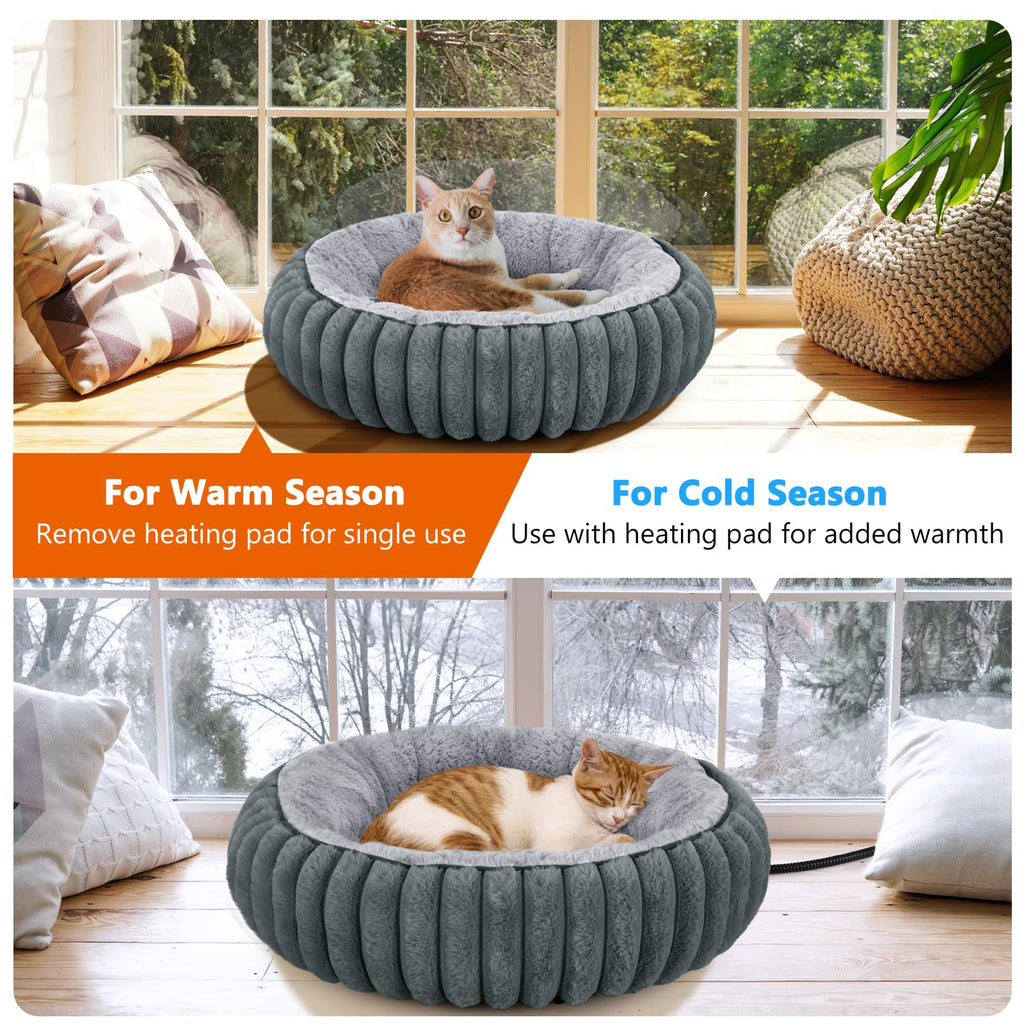 INVENHO Heated Cat Beds for Indoor Cats and Small Dogs, 20" Cozy Donut Heated Pet Bed with Timer & Temp Adjustable, Removable Waterproof Electric Warming Bed for Indoor Cat