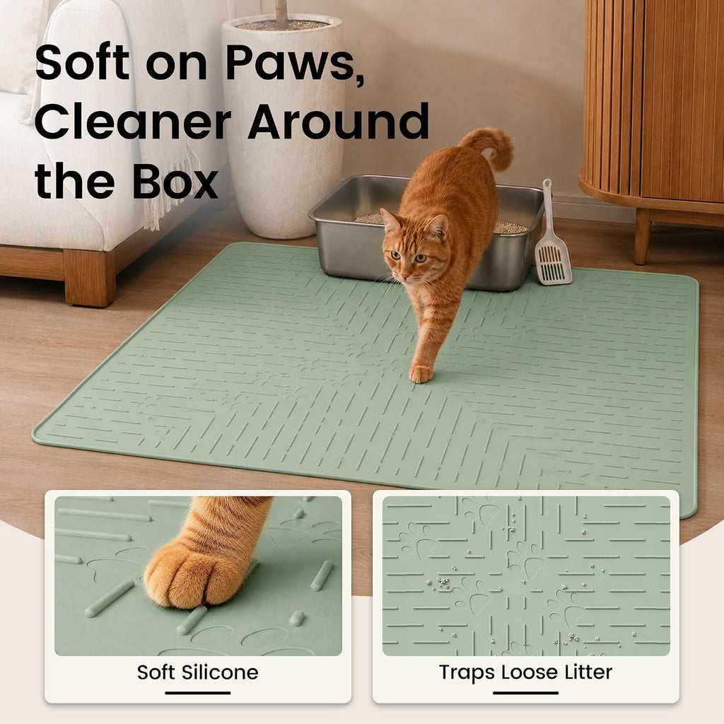 OHMO Large Cat Litter Mat, 31.5x23.6" Silicone Trapping Mat Sage Green
