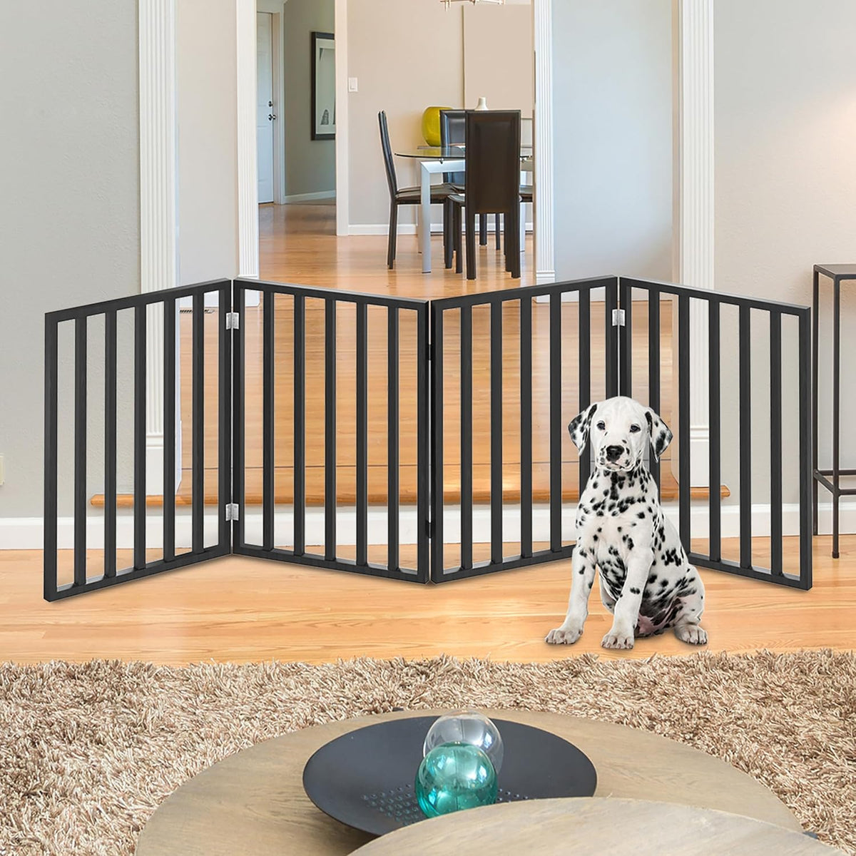 Pet Gate - 4-Panel Indoor Foldable Dog Fence for Stairs, Hallways, or Doorways - 72x24-Inch Wood Freestanding Dog Gates 