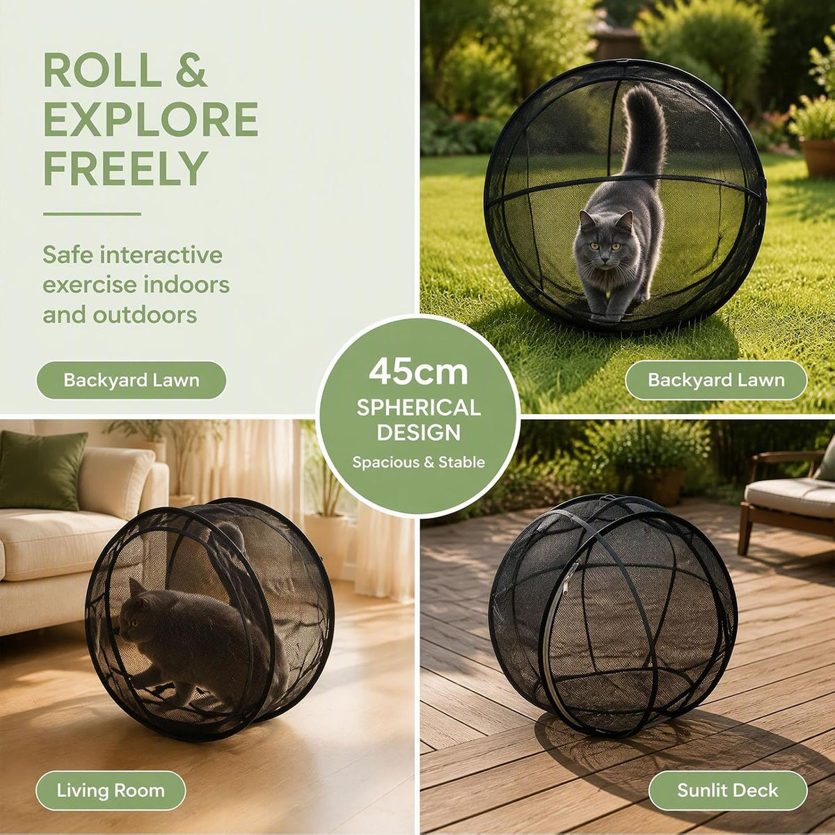 Portable Outdoor Cat Enclosure, 17.7" Rolling 360° Cat Playpen, Mesh Ball Cats Cage, Collapsible Breathable Pet Playpen 