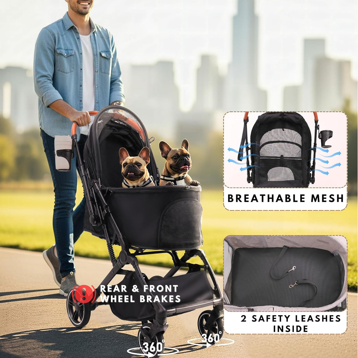 Bicystar Foldable Dog Stroller for Small Medium Dogs & Cats, 35 lbs, Grey