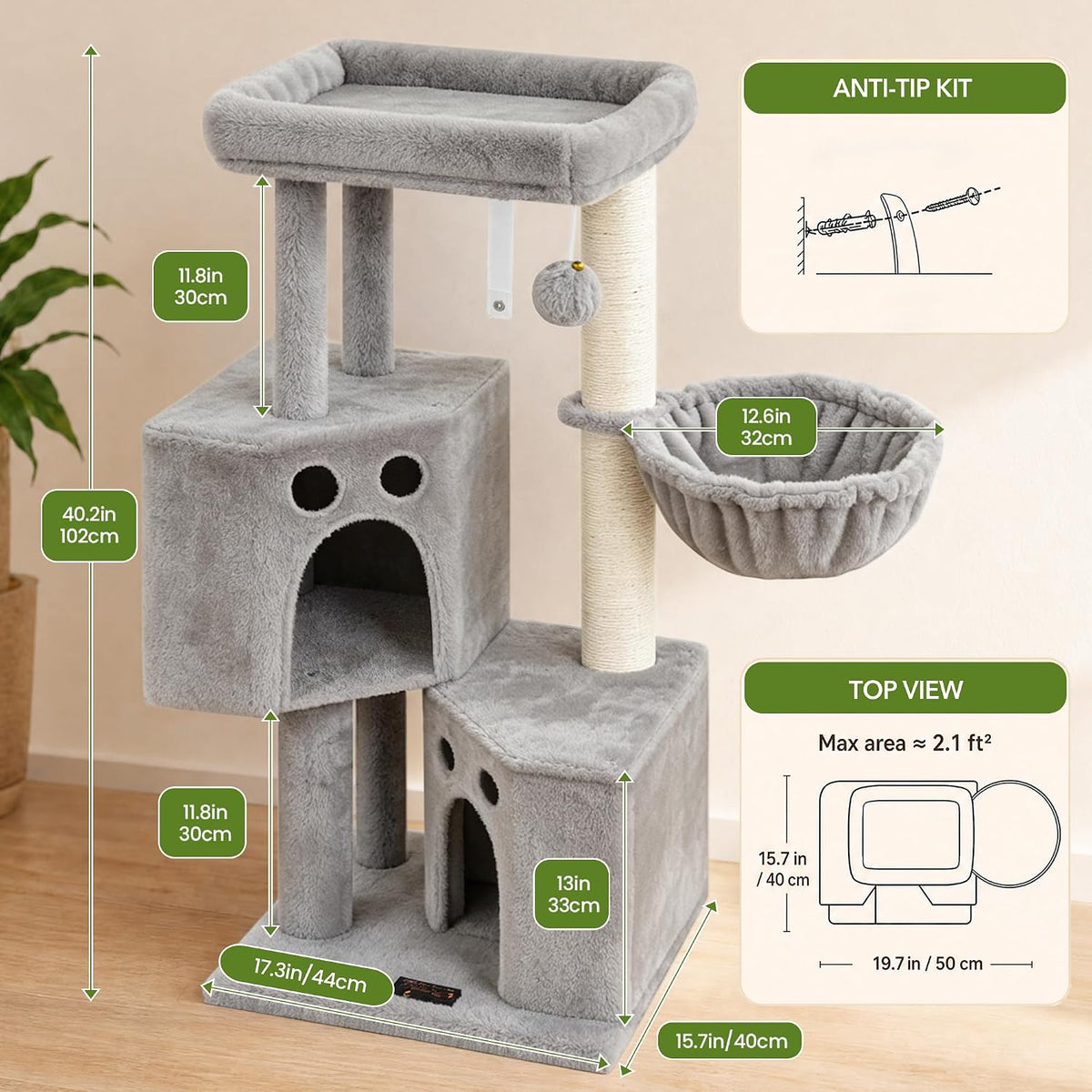Small Cat Tree Tower for Indoor Cats, 40 in Multi-Level Cat Scratching Post