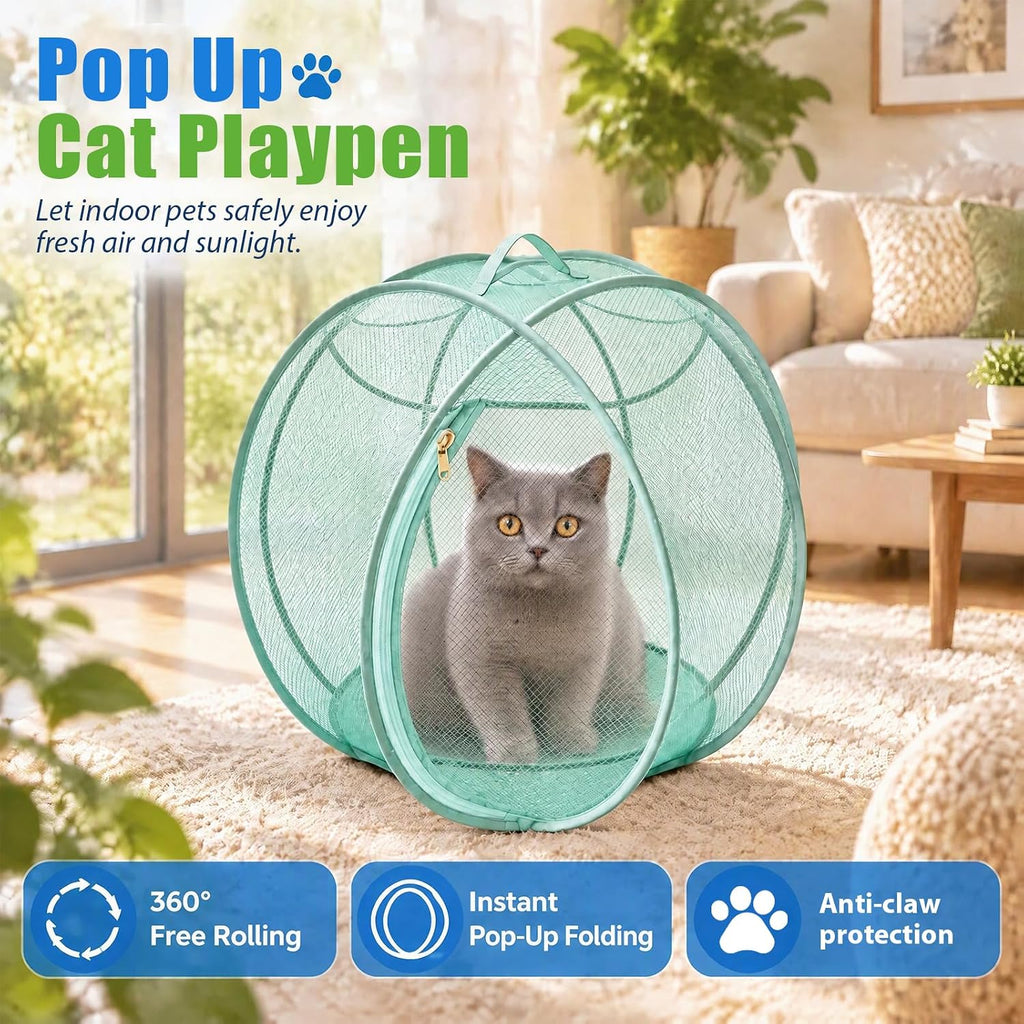 Rolling 360° Panoramic Cat Playpen Collapsible Breathable w/ Zipper