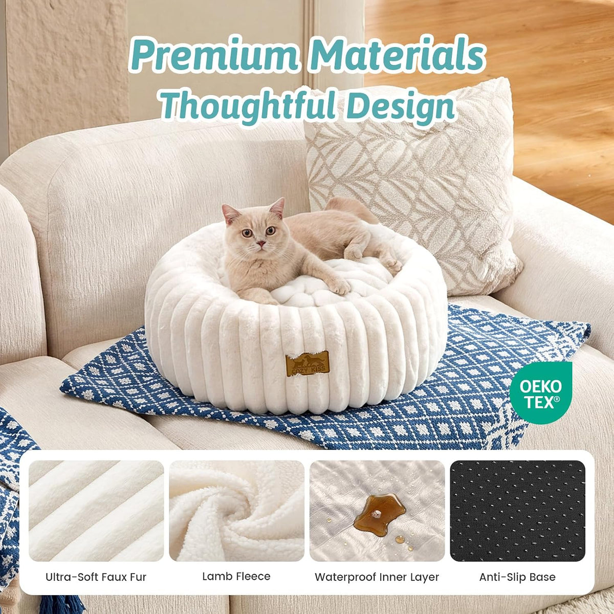 COZY KISS Cat Beds Washable Calming Donut Small Dog & Puppy Bed, 23in Cream