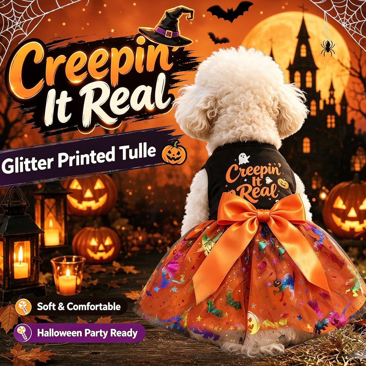 Dog Halloween Costumes Creepin’ It Real Halloween Puppy Dress Holiday Funny Dog Skirt Glitter Pet Clothes Cat Apparel wi