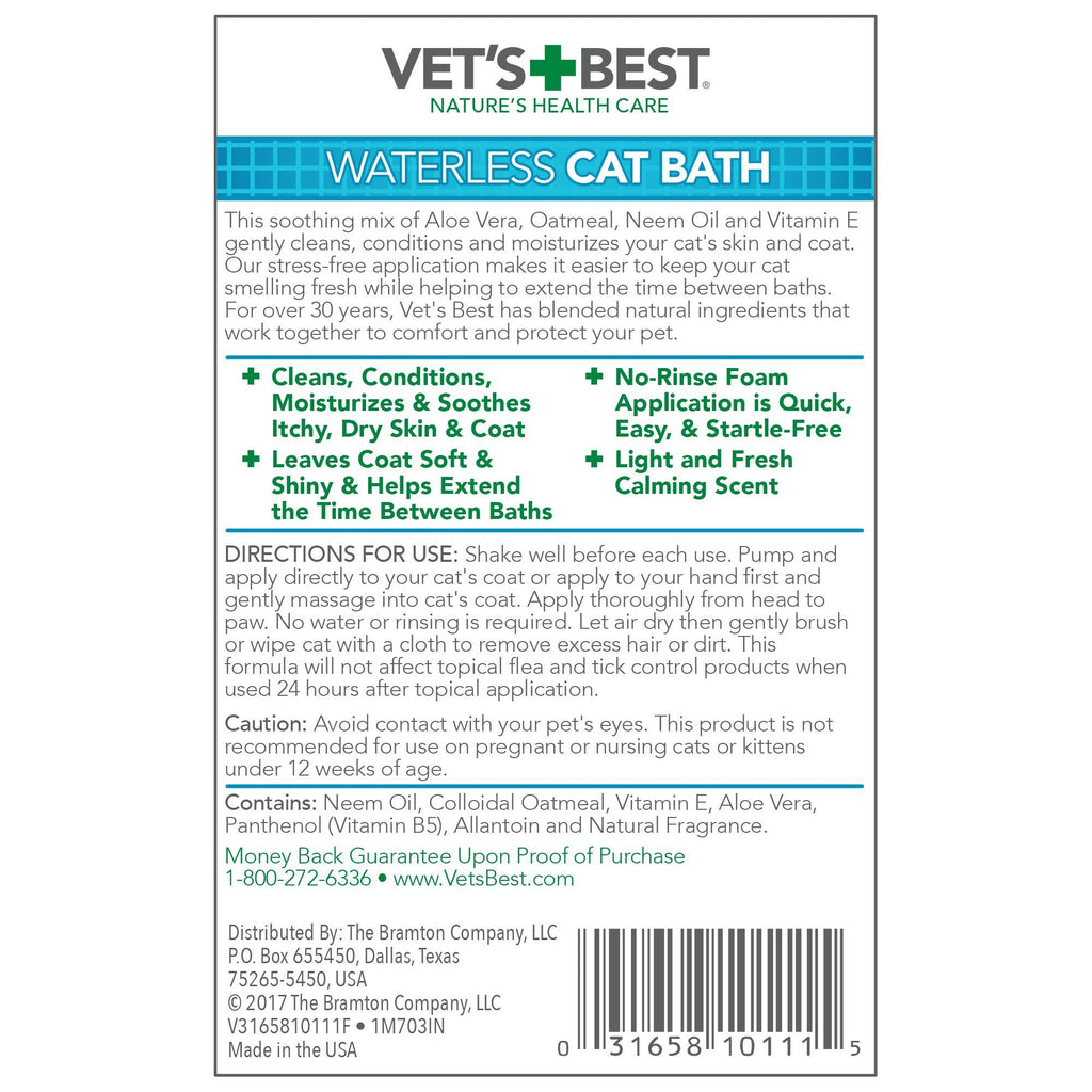 Vet's Best Waterless Cat Bath Dry Shampoo, No-Rinse Formula, 4 oz