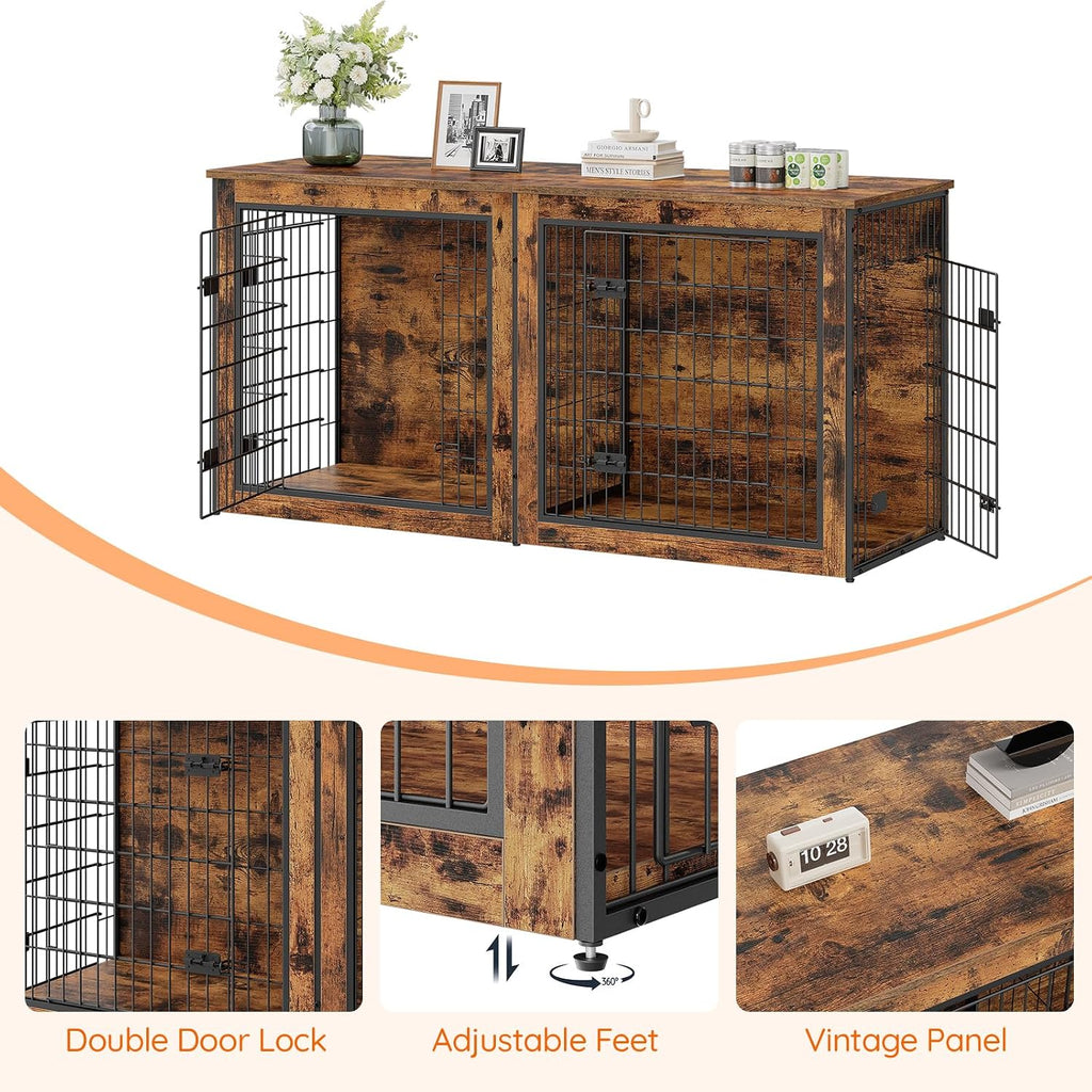 HOOBRO Dog Crate Furniture for 2 Dogs, 63" Large Double Dog Crate Furniture with Divider, Wooden Indoor Kennel TV Stand 