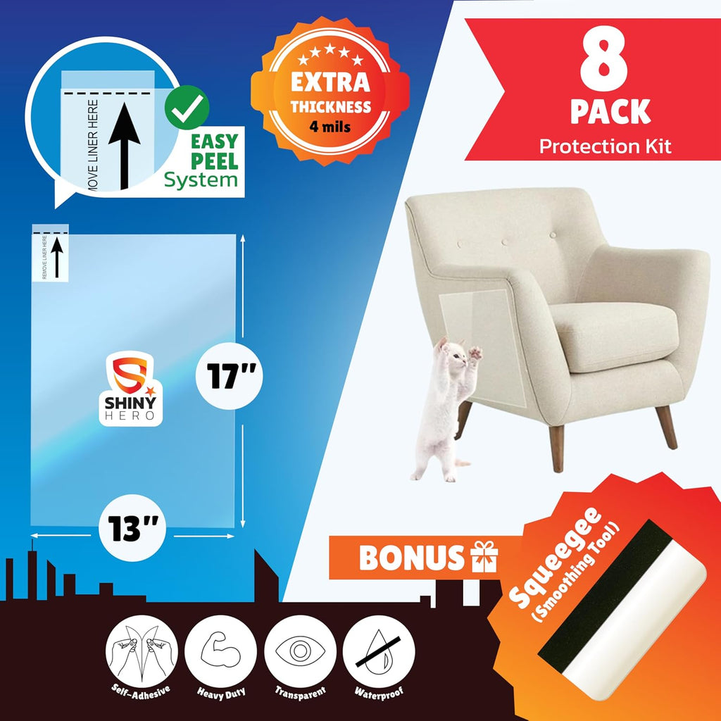 8-Pack - Clear Wall & Door Protector from Dog Scratching - Anti Cat Couch Guard Plastic Sheets, Furniture Self-Adhesive 