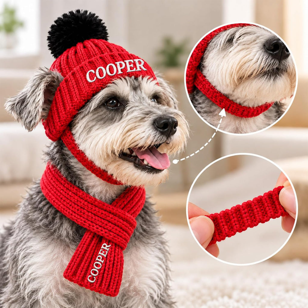 Personalized Dog Beanie with Scarf Set Custom Pet Winter Hat with Ear Holes