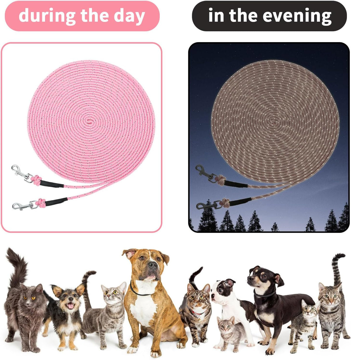 Reflective Cat Long Leash 15 FT, Outdoor Backyard Cat Tie Out Lead, Pink