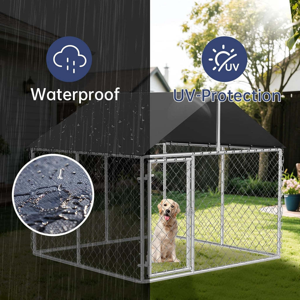 Petony Large Outdoor Dog Enclosure,Heavy Duty Dog Kennel with Roof,Galvanized Steel Dog Cage Fence with Double Safety Lo
