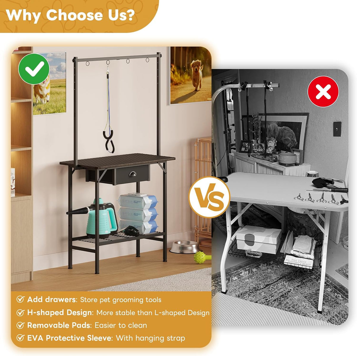 Dog Grooming Table with Drawers and Mesh Tray,32 Inch Adjustable Pet Grooming Table with Non-slip Removable Washable Mat