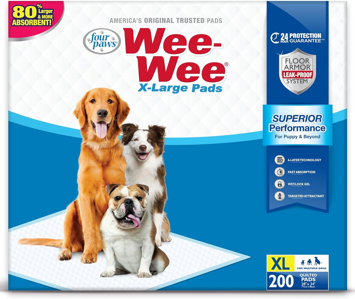 Four Paws Wee-Wee Superior Performance Extra Large Pee Pads for Dogs with Runoff Barrier Edge Guard Protection, Puppy & 