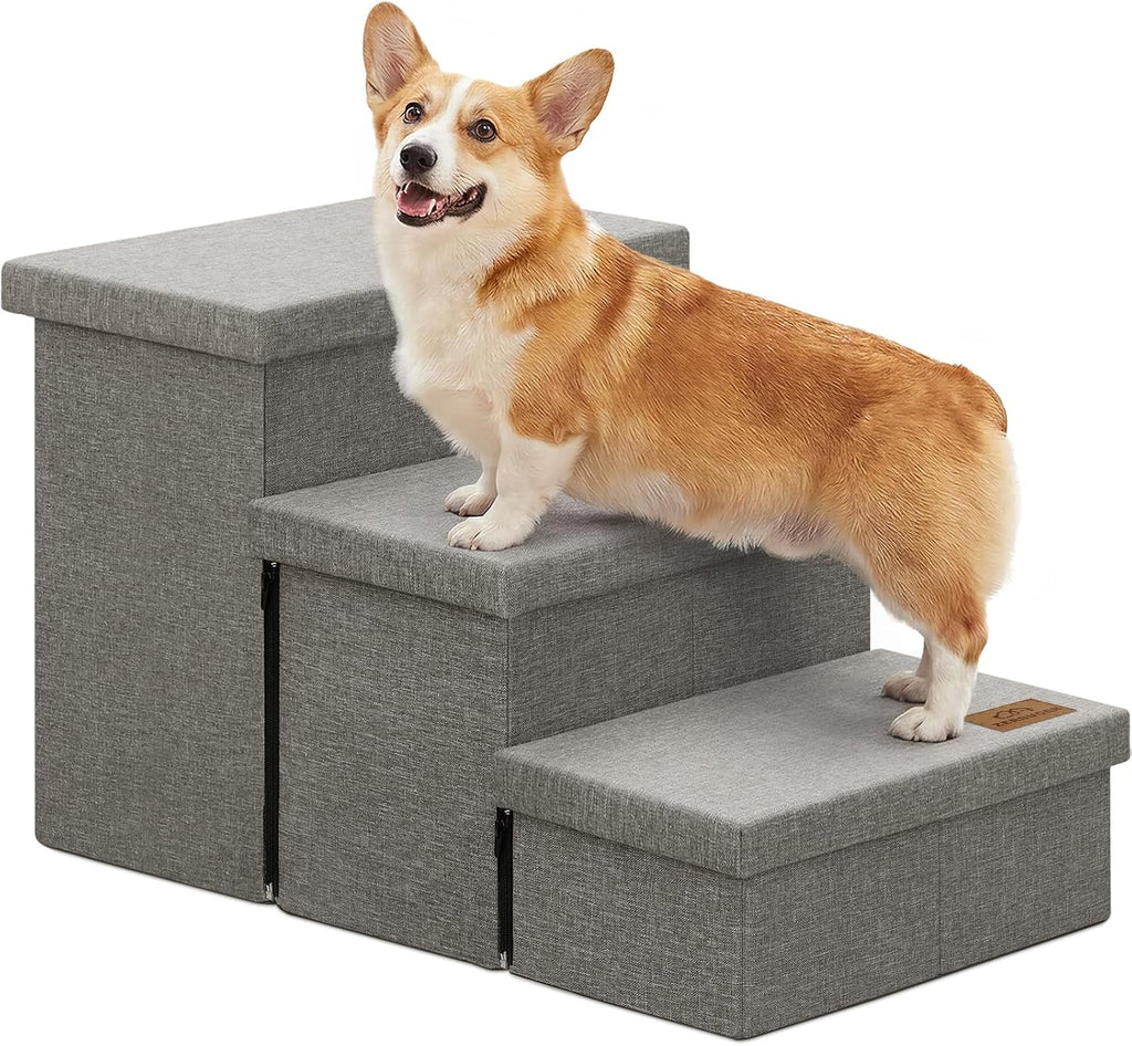 Zerbuger 3 Step Dog Stairs with Storage, 18" High Folding Pet Steps, Grey