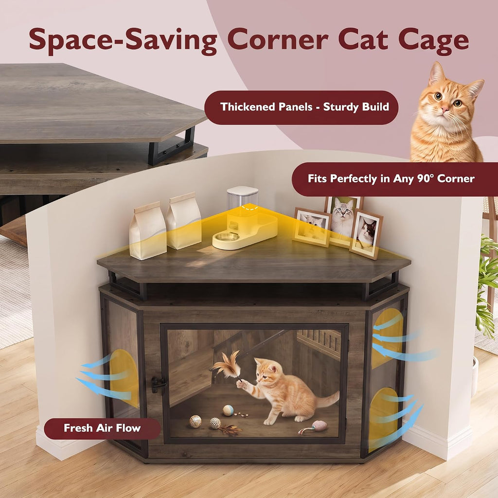 48" Corner Cat Cage Furniture w/2-Tier Shelves, Large Cat House