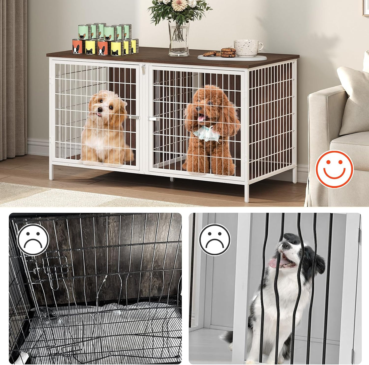 MAHANCRIS Dog Crate Furniture for 2 Dogs, 43.3" Dog Kennel with Removable Divider, Heavy Sturdy Dog Furniture Style Doub