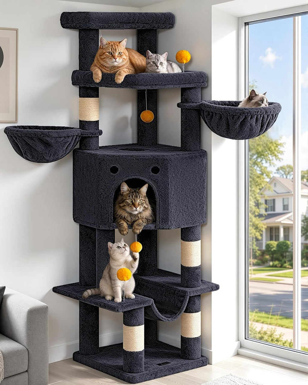 Cat Tree Tower for Indoor Large Adult Cats, 73in Tall Heavy Duty with Perch