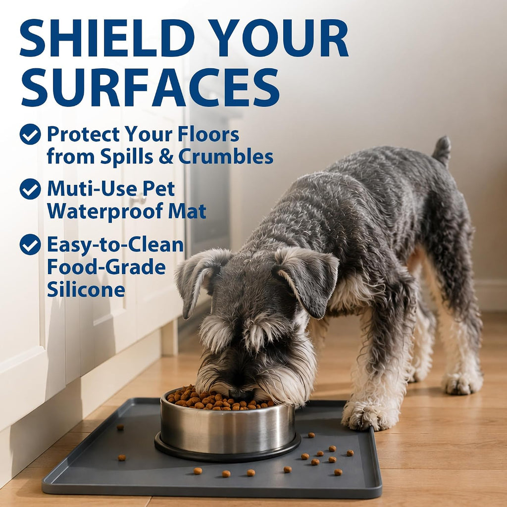 Silicone Pet Feeding Mat, Waterproof Surface and Raised Edges - 16" X 24", Black
