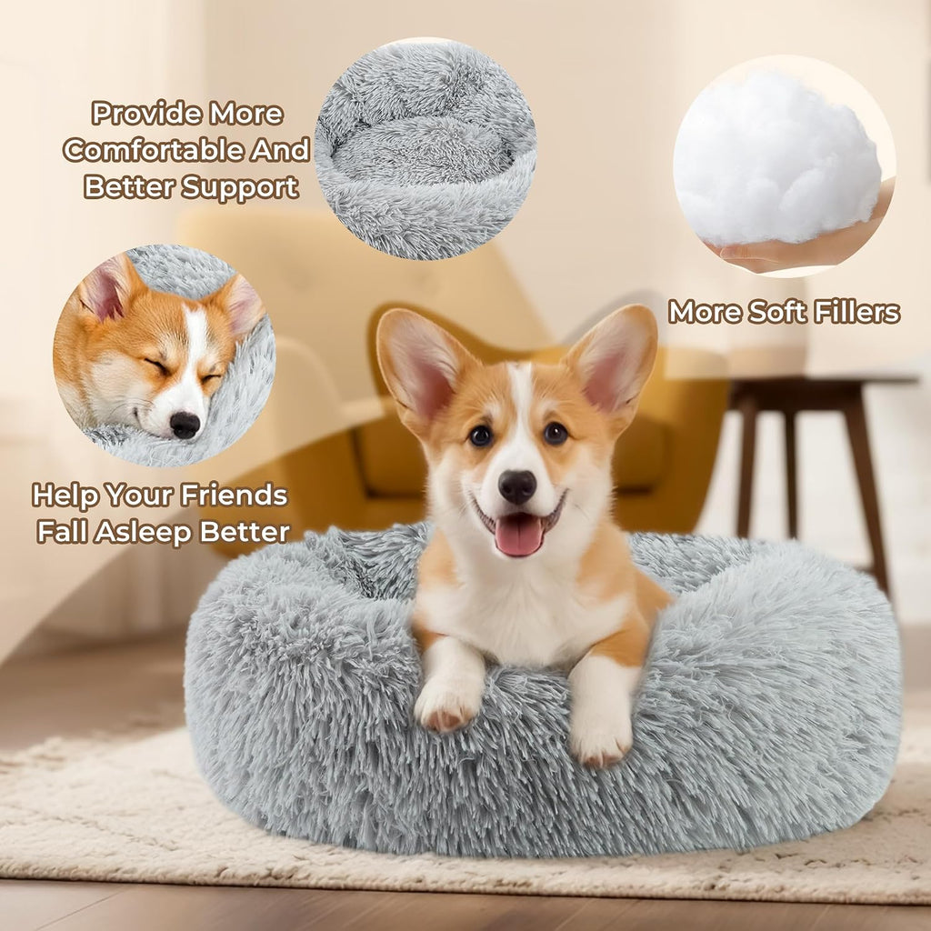 Calming Donut Dog and Cat Bed for Indoor Cats, Anti-Anxiety Round Fluffy Soft Washable Small Pet Bed for Puppy and Kitte