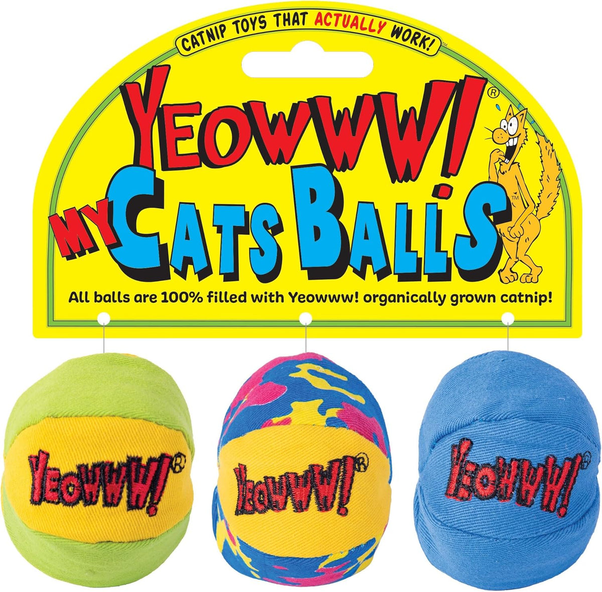Yeowww! Catnip My Cats Balls Toys for Cats - 3-Pack - Durable Cotton Twill - Made in the USA - Stuffed with Organically 