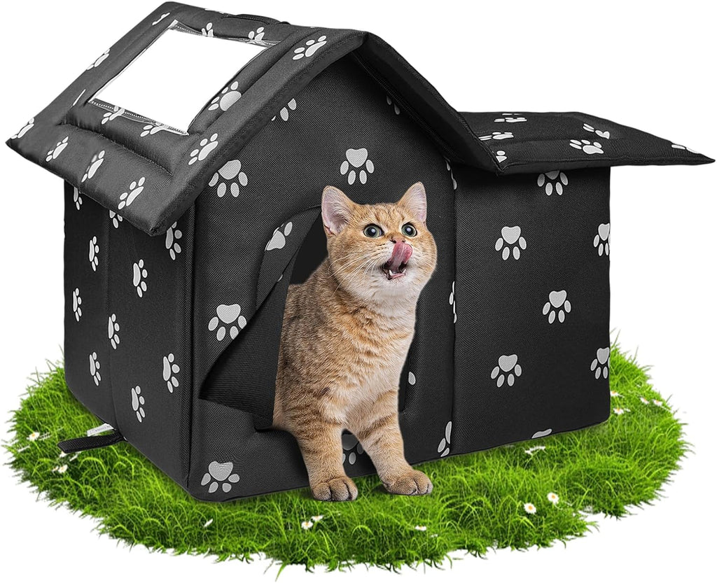Outdoor Cat House Weatherproof, Large Feral Cat House for Winter, Collapsible Outdoor Cats Shelter with Door and Soft Ma