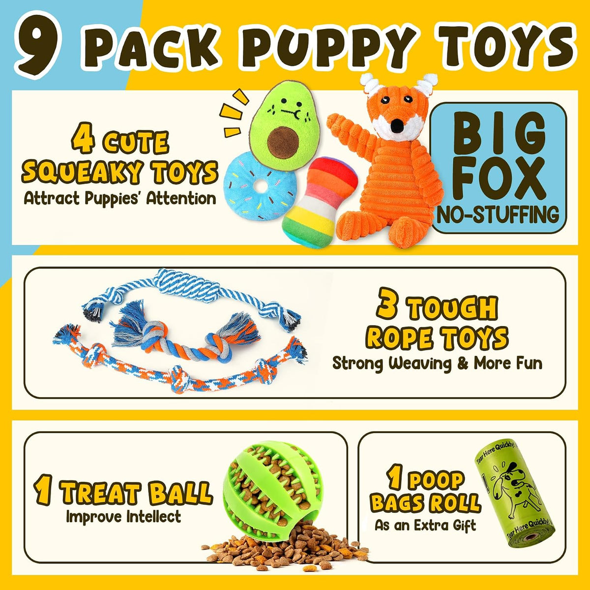 Zeaxuie 9 Pack Luxury Puppy Toys for Teething Small Dogs, Puppy Chew Toys with Cute Squeaky Dog Toys, Ball and More Rope
