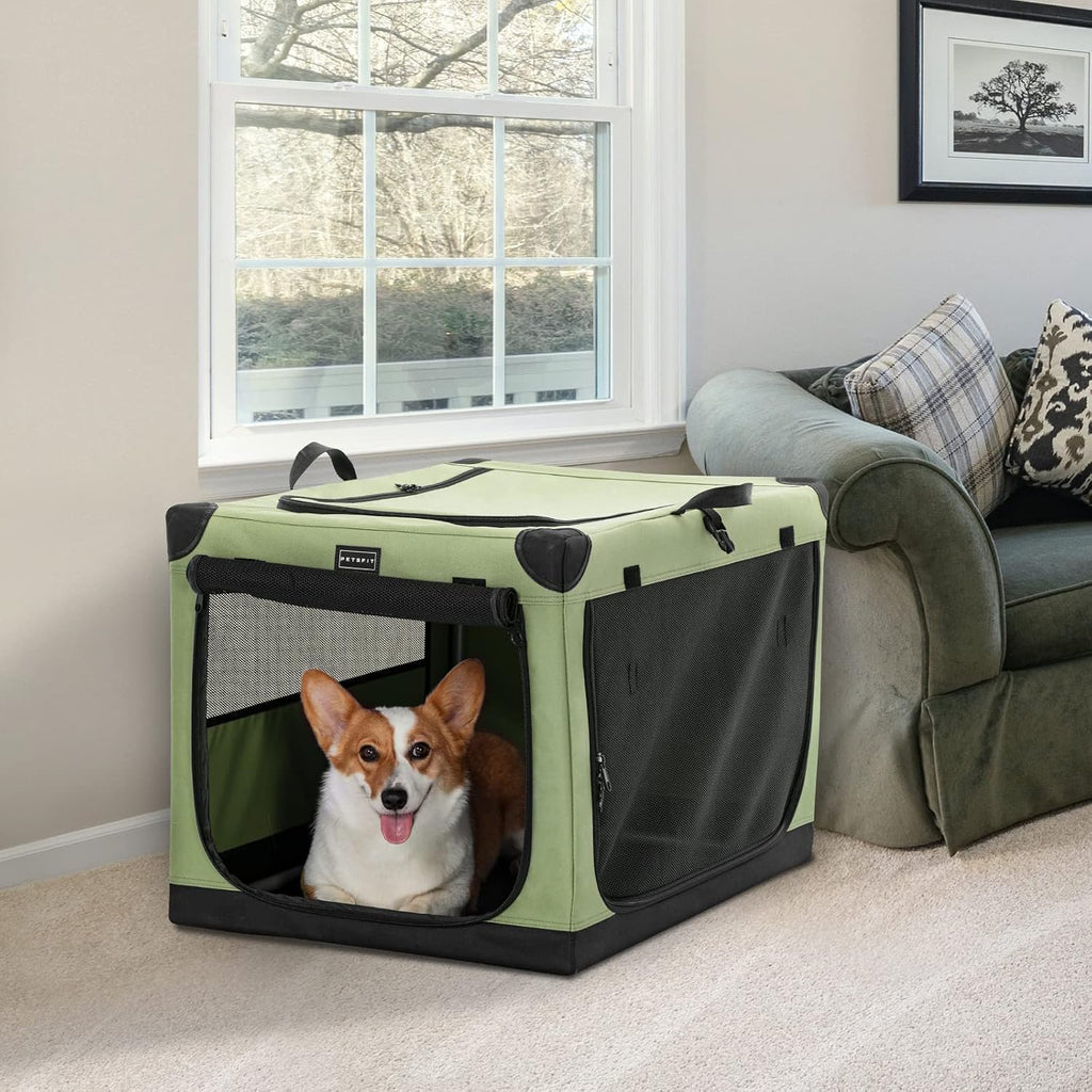 PETSFIT 30" Soft Portable Dog Crate – Patented Spiral Sturdy Frame, Collapsible Travel Kennel for Medium Dogs, 3 Mesh Do