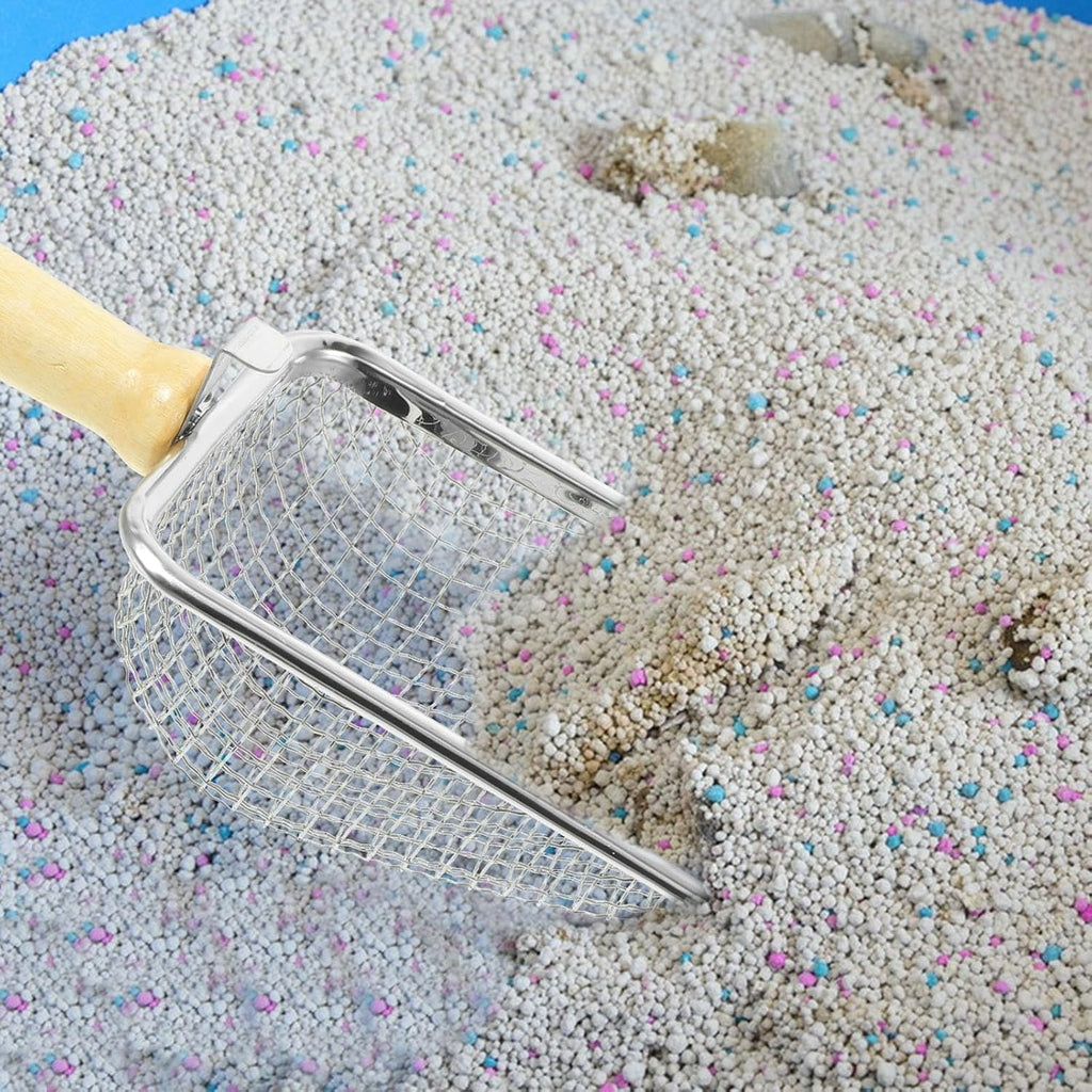 Stainless Steel Mesh Litter Shovel with Long Wood Handle for Terrariums