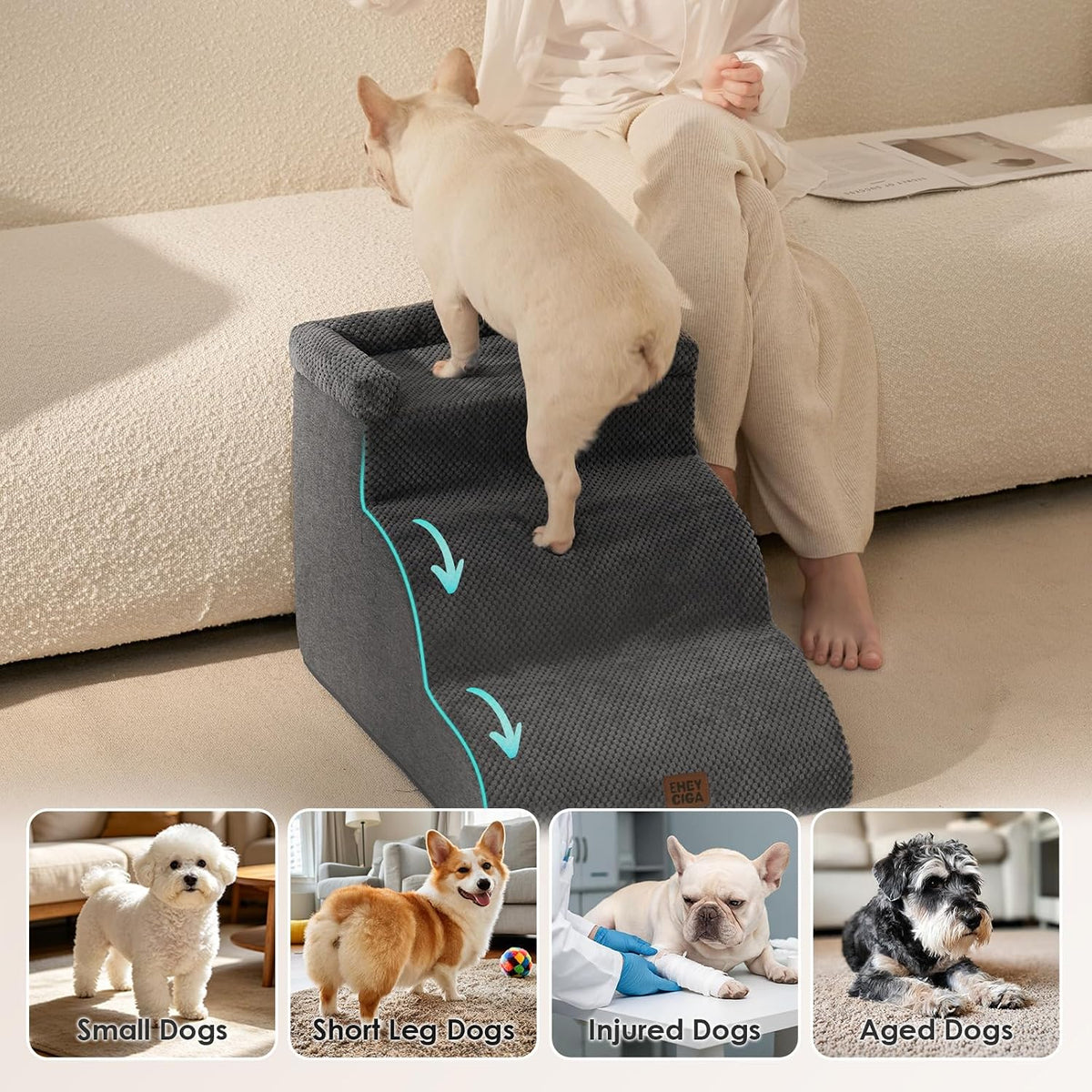 EHEYCIGA 3-Step Curved Dog Stairs for Dogs, Dog Ramp for Couch 14" H, Grey