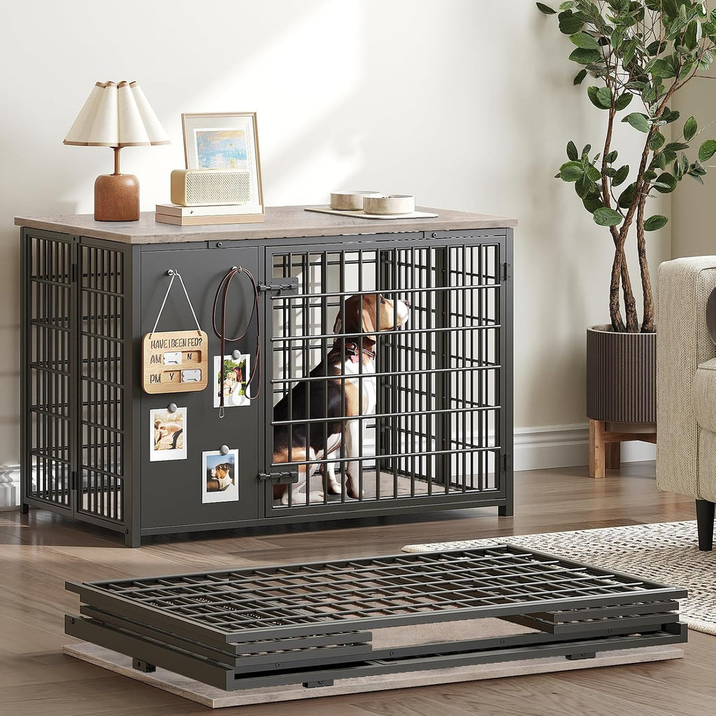 YATINEY Foldable Dog Crate Furniture, Dog Crate with DIY Frame, Heavy Duty Dog Kennel Indoor with Hooks, Wooden Dog Cage