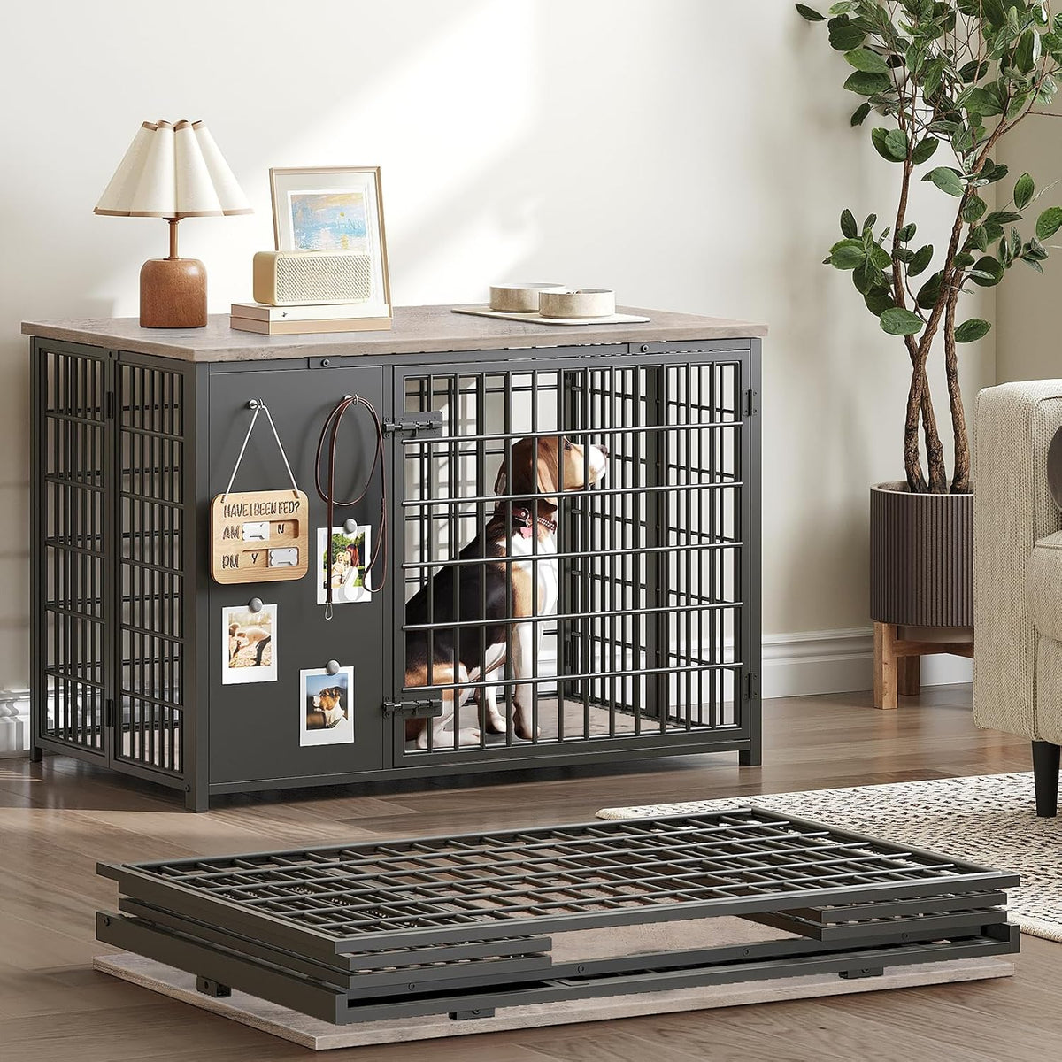YATINEY Foldable Dog Crate Furniture, Dog Crate with DIY Frame, Heavy Duty Dog Kennel Indoor with Hooks, Wooden Dog Cage